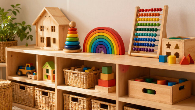 Colorful toys and decorations in a playroom with shelves filled with learning materials and activity items for children