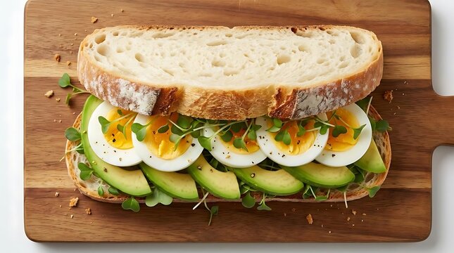 Avocado and egg toast on a wooden board.