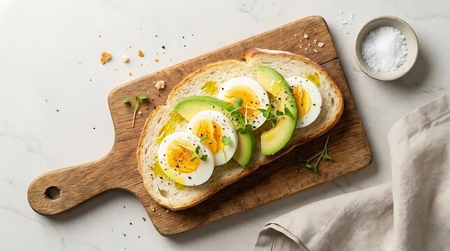 Avocado and boiled egg toast on wooden cutting board.