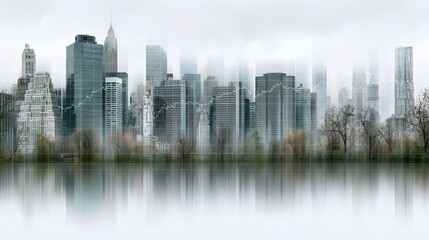 Fototapeta premium Abstract Cityscape with Financial Graph Overlay and Water Reflections on a Moody Overcast Day