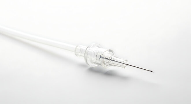 Sterile hypodermic needle attached to clear plastic tubing for medical procedures in clinical