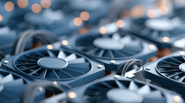 Array of Computer Graphics Card Cooling Fans in a Cryptocurrency Mining Rig