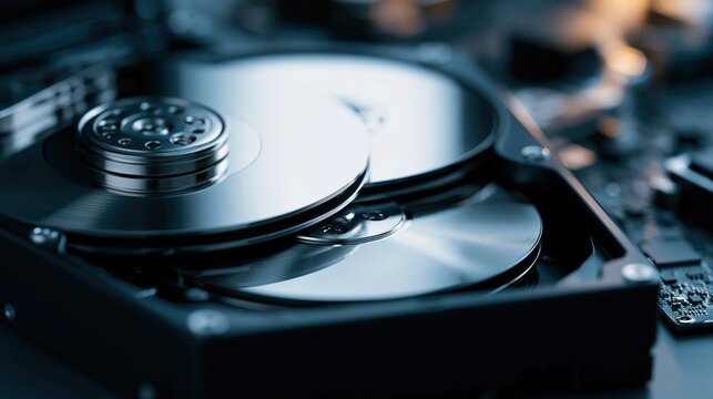 Close-up view of internal components of a computer hard drive storage device, showing platters and circuitry