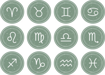 Fototapeta premium Zodiac Sign Astrology Icon Set Featuring Twelve Minimalist Horoscope Symbols on Green Textured Round Badges for Mystic Esoteric Graphic Design