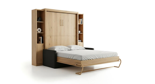 Modern light wood murphy bed with integrated shelving and dark sofa base unit