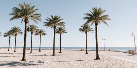 Fototapeta premium Tropical Beach Scene with Palm Trees and Gentle Ocean Waves Under a Clear Blue Sky