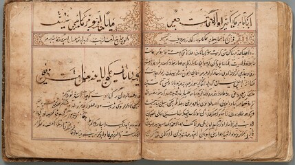 Naklejka premium Open antique manuscript displaying ornate calligraphy and decorative borders on aged parchment pages.