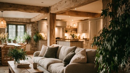 Obraz premium Cozy Rustic Living Room with Exposed Beams and Open Plan Kitchen, Inviting Natural Light