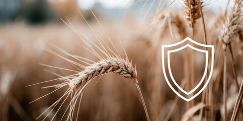 Obraz premium Close-up of golden wheat stalk with protective shield icon symbolizing agricultural security and food safety