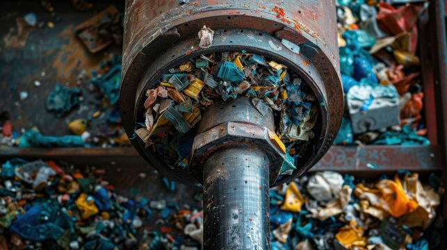 Industrial trash compactor Heavy piston and crushed plastic waste Canon photo
