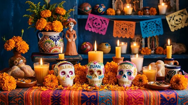 Happy halloween new colorful concept featuring a traditional mexican day of the dead altar with candles and skulls