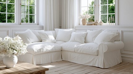 Fototapeta premium Bright and airy Scandinavian style living room with a plush white sectional sofa and natural light