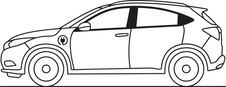 Electric vehicle crossover suv side view outline illustration with battery power plug charging socket graphic detail element