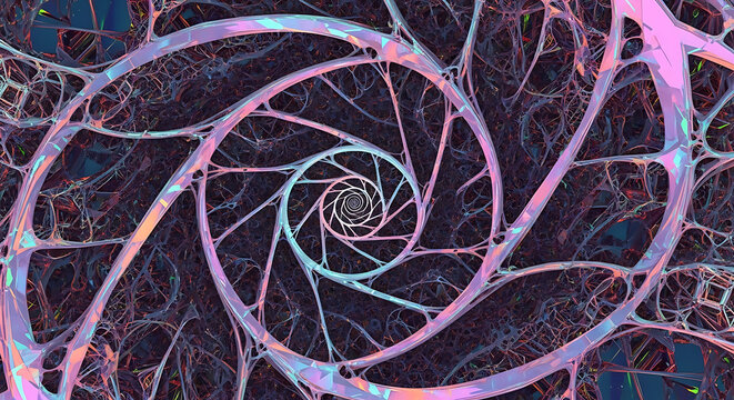 Iridescent metallic spiral fractal tunnel with spiraling metallic lattice structure forms deep