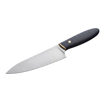 Angled photograph of a professional stainless steel chef's knife with a dark wooden handle.