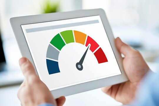 Person holding a tablet displaying a colorful performance gauge measuring progress or speed towards a goal