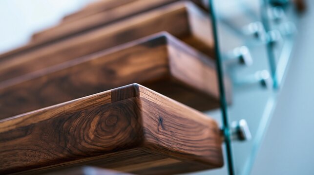 Close-up view of modern wooden staircase treads with sleek glass railings and metal supports