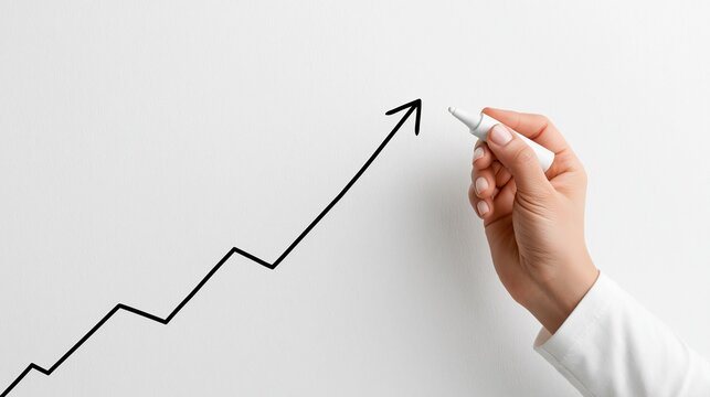 Hand drawing upward trending graph with arrow indicating positive growth and success on white background