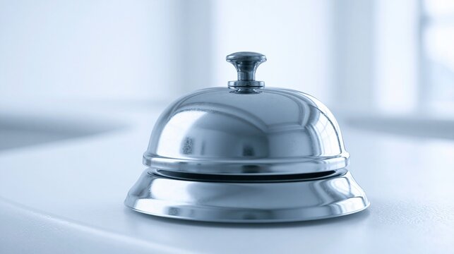 Close-up of a shiny silver hotel desk service bell, symbolizing customer assistance and hospitality