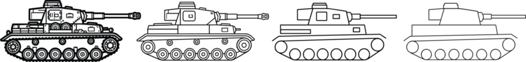 Military heavy battle tank evolution set with detailed outline and simple minimalist vector line art illustrations © MDRIFAT