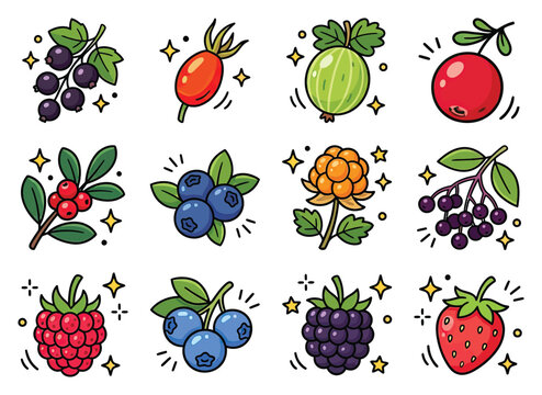 Collection of diverse berries like blueberries and raspberries while sparkling with a playful mood