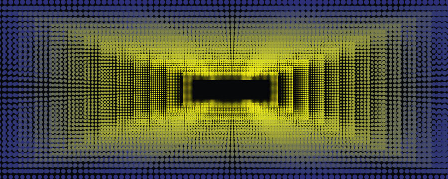 Abstract halftone tunnel background, yellow and blue geometric dot pattern vector, futuristic perspective grid with glowing light effect