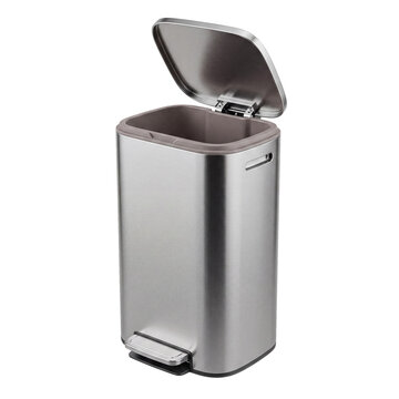 Modern stainless steel pedal trash can with an open rectangular lid, revealing the inner bin.