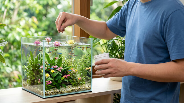 Man Feeding Small Fish in a Beautifully Planted Square Glass Aquascape Aquarium
