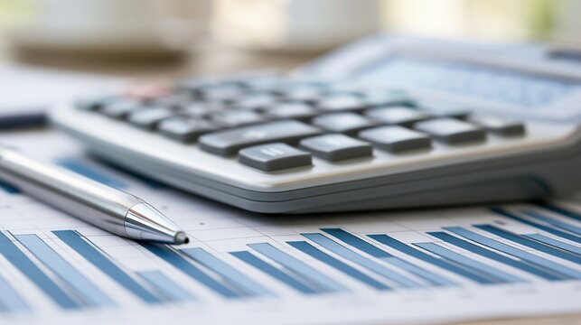 Close up of calculator and pen on financial charts and graphs, symbolizing accounting and analysis
