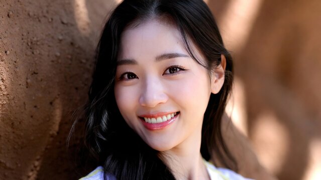 Young Asian Woman Smiling, Natural Outdoor Portrait, Warm Sunlight, Soft Focus Background, Casual Lifestyle, Authentic Expression, Youthful Beauty, Joyful Mood