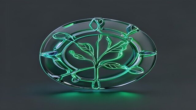 Futuristic glowing green plant emblem inside a transparent glass oval shape on a dark background for eco concepts