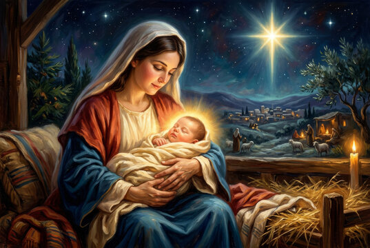 A vibrant, traditional illustration of nativity scene with loving Mary with baby Jesus in her arms beautiful radiant colors, copy space ideal for artistic religious Christmas card holiday background