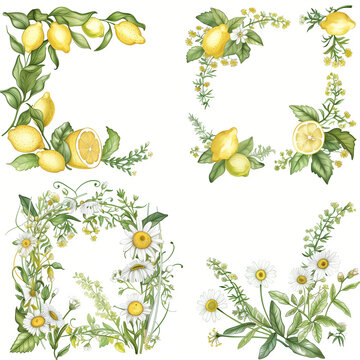 Watercolor Lemon Herb Daisy Botanical Four Corner Decorative Set