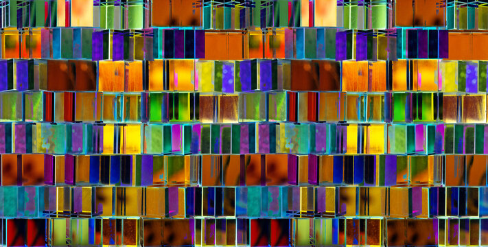 an abstract digital artwork pattern resembling dichroic glass blocks or a vibrant multi-colored crystal mosaic