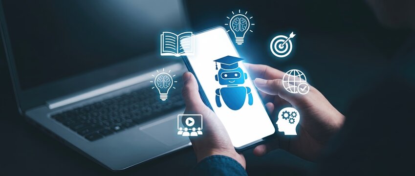 Individual engaging with a mobile device surrounded by ai symbols that illustrate advancements in technology and innovation highlighting the evolution of learning in contemporary society.