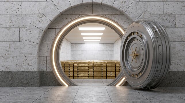 Secure Circular Bank Vault Entrance Revealing Stacked Gold Bullion Bars Inside a Brightly Lit Storage Room