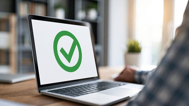 Laptop screen displaying a green checkmark symbol indicating success or completion of a task