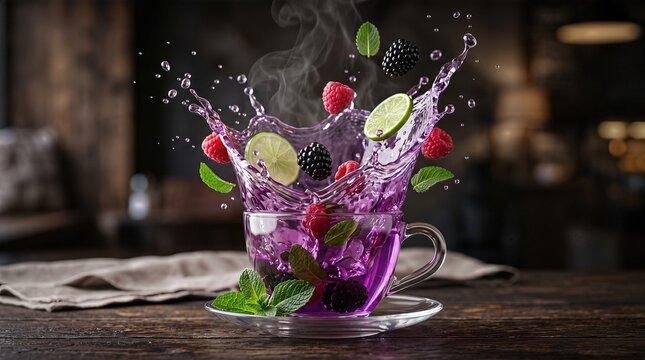 Colorful beverage splash with raspberries, blackberries, lime slices, and mint leaves in a clear glass cup on a wooden table in a cozy setting