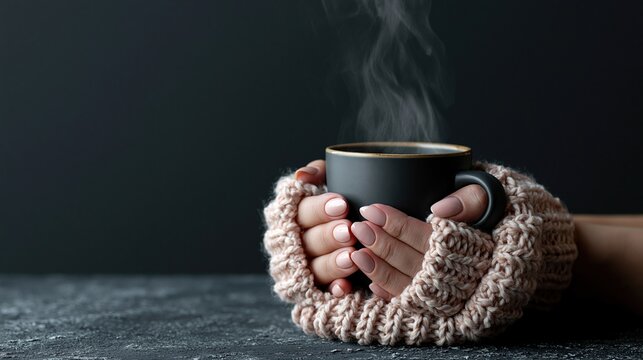 Cozy hands in knitted sweater holding a steaming mug of hot beverage against a dark background