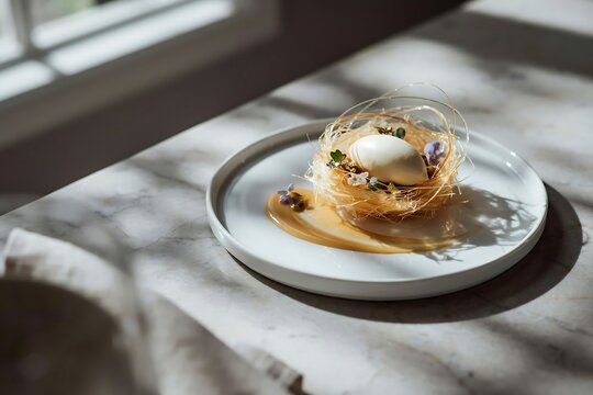 Gourmet Dessert with Spun Sugar Nest and Ice Cream.
