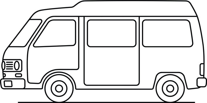 Classic camper van side profile line vector illustration representing road trip adventure family vacation camping and recreational vehicle transport.