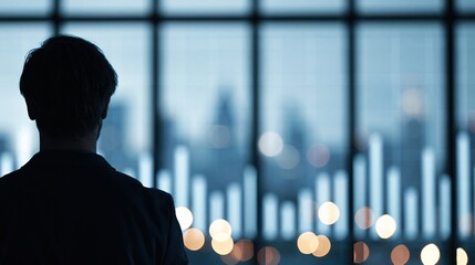 Plakat Silhouette of a businessman looking out a window at a blurred city skyline with bokeh lights.