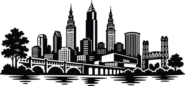 Cleveland Skyline Silhouette Landscape Vector Illustration