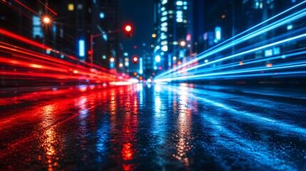 Fototapeta premium Long exposure light trails from city traffic on a rainy night street.