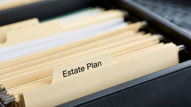 Close-up of a filing cabinet drawer filled with manila folders, one labeled 'Estate Plan', suggesting organization and legal planning