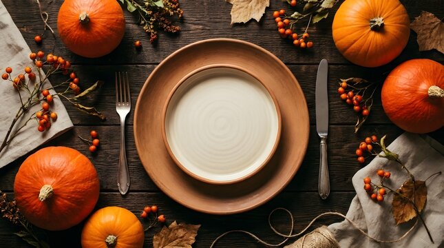 Happy halloween new colorful concept featuring a festive dining table setting with pumpkins and autumn decorations for celebration
