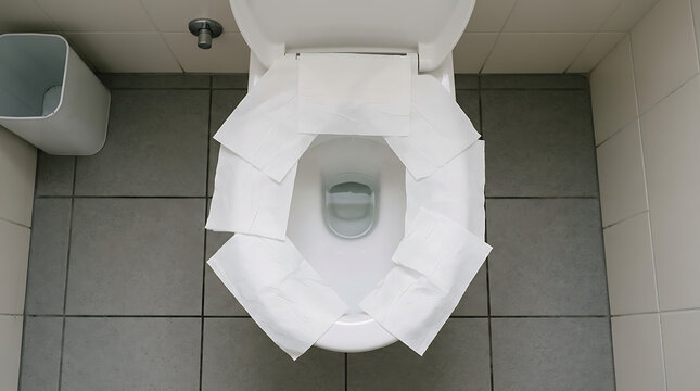 Top View of White Toilet Bowl Covered with Toilet Paper for Hygiene and Protection