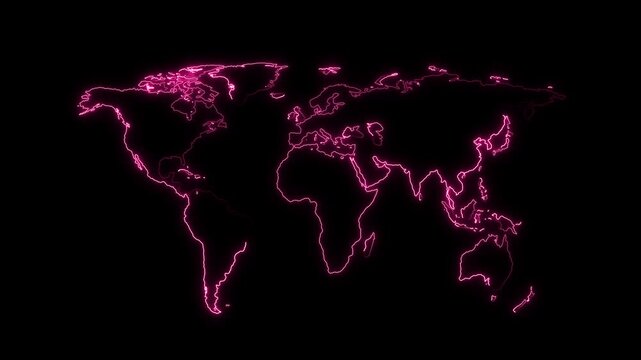 Neon pink glowing map outline on black background, digital global connectivity concept