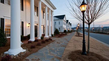 Obraz premium Elegant White Colonial Homes with Grand Columns and Gas Lamps on a Quiet Street at Dusk