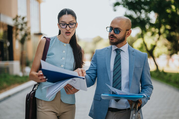 Obraz na płótnie Canvas Two business colleagues review paperwork together while walking outdoors. A professional man and woman discuss documents in front of an office building.